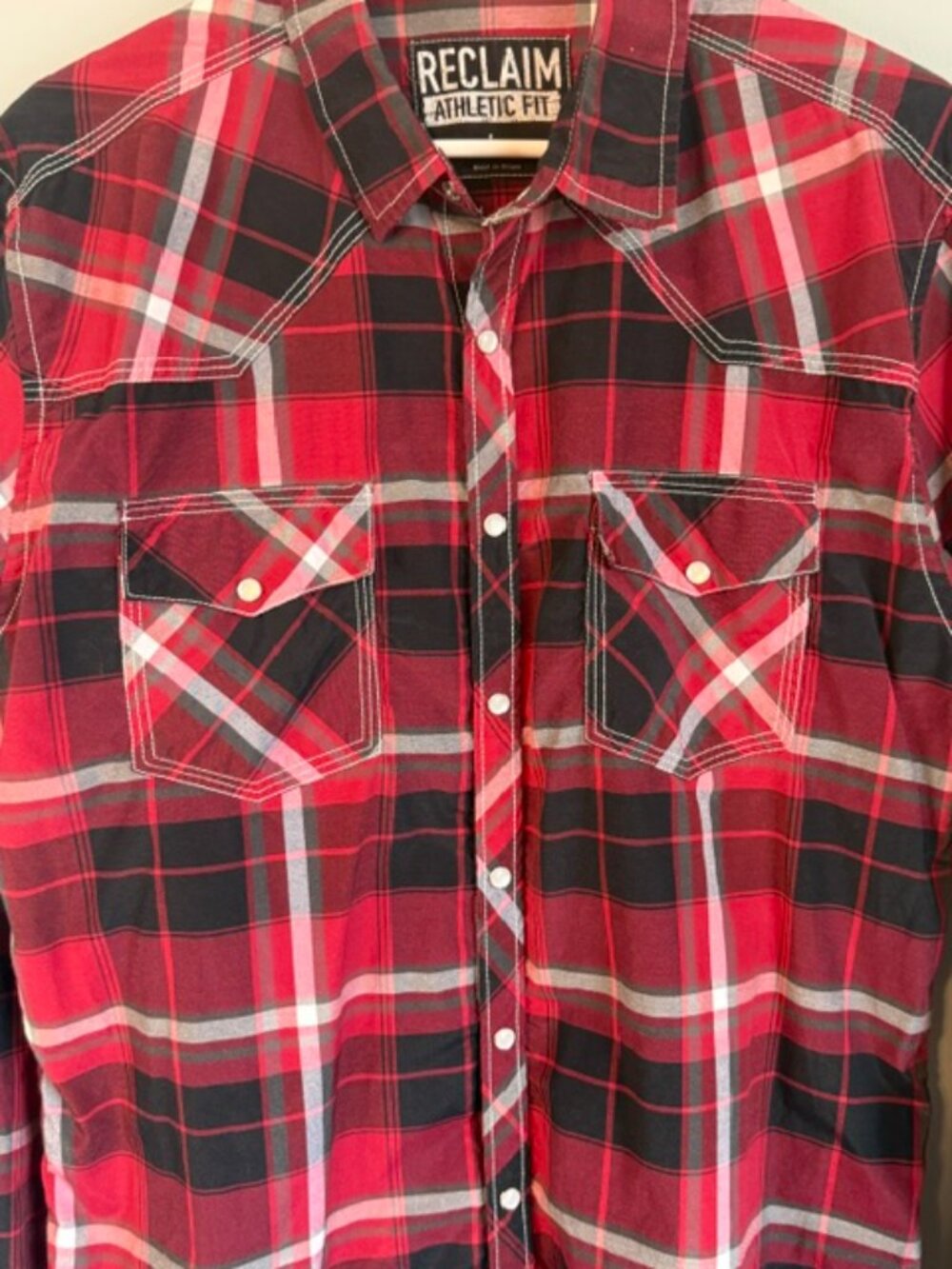 Reclaim Black Red Plaid Button Down Shirt Large L Western Snap Athletic - Picture 3 of 10